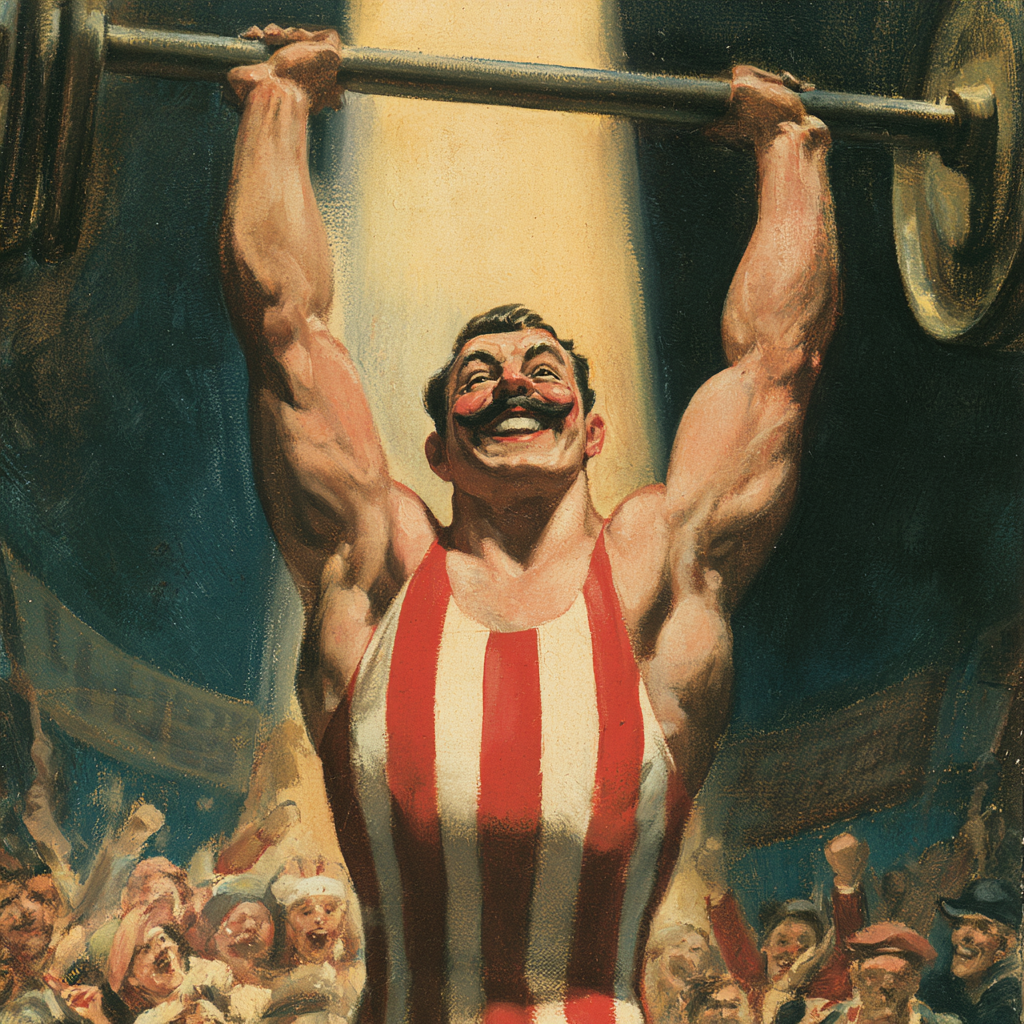 A vintage strongman hoisting a barbell over a cheering crowd