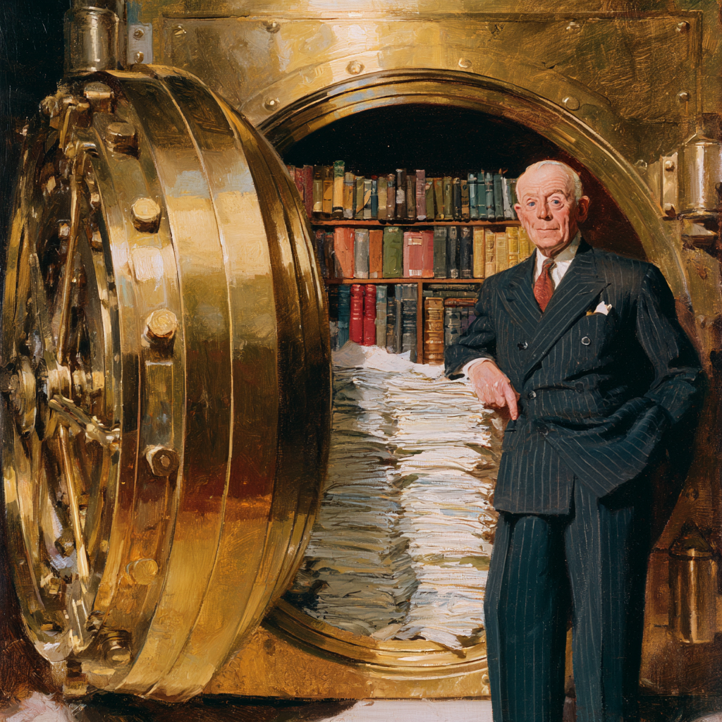 A banker standing guard beside an open vault of books and manuscript pages