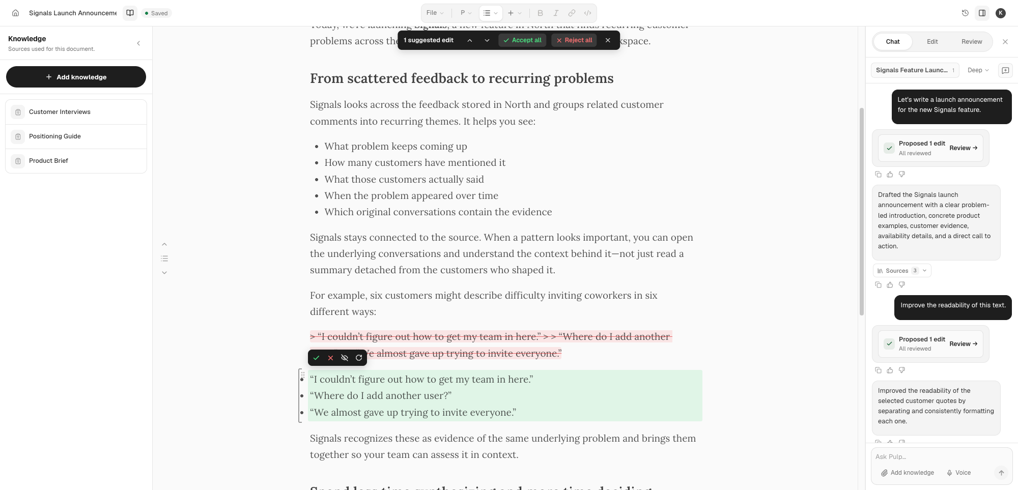 Pulp editor with company knowledge, AI suggestions, and chat