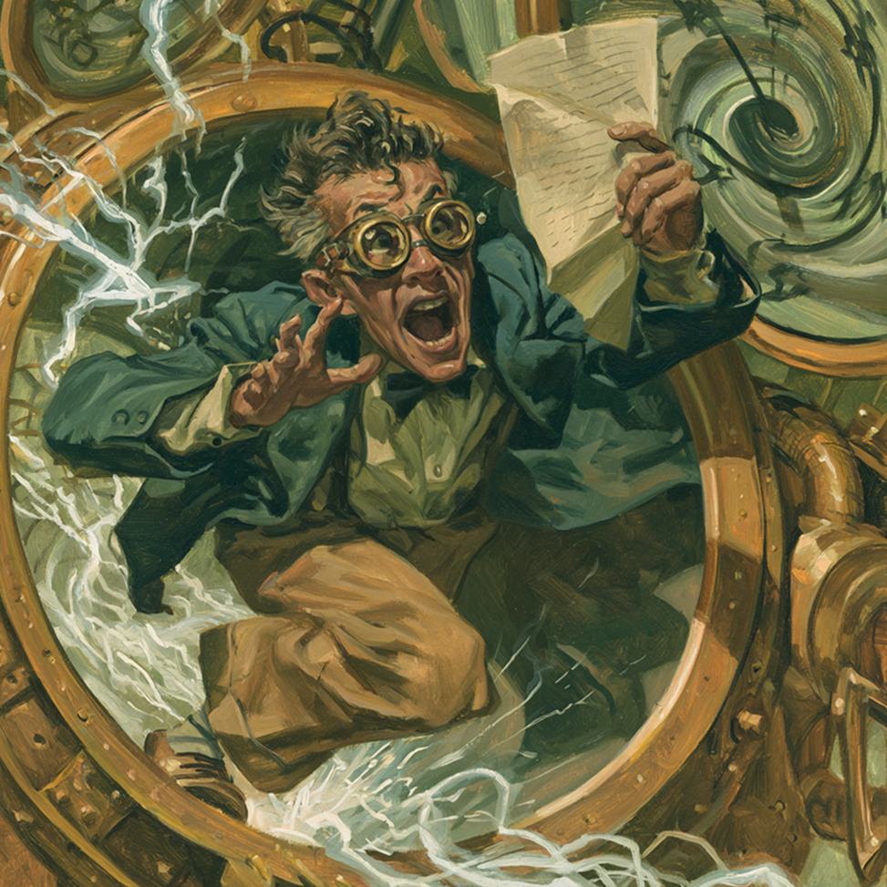A pulp inventor tumbling through a time-machine portal